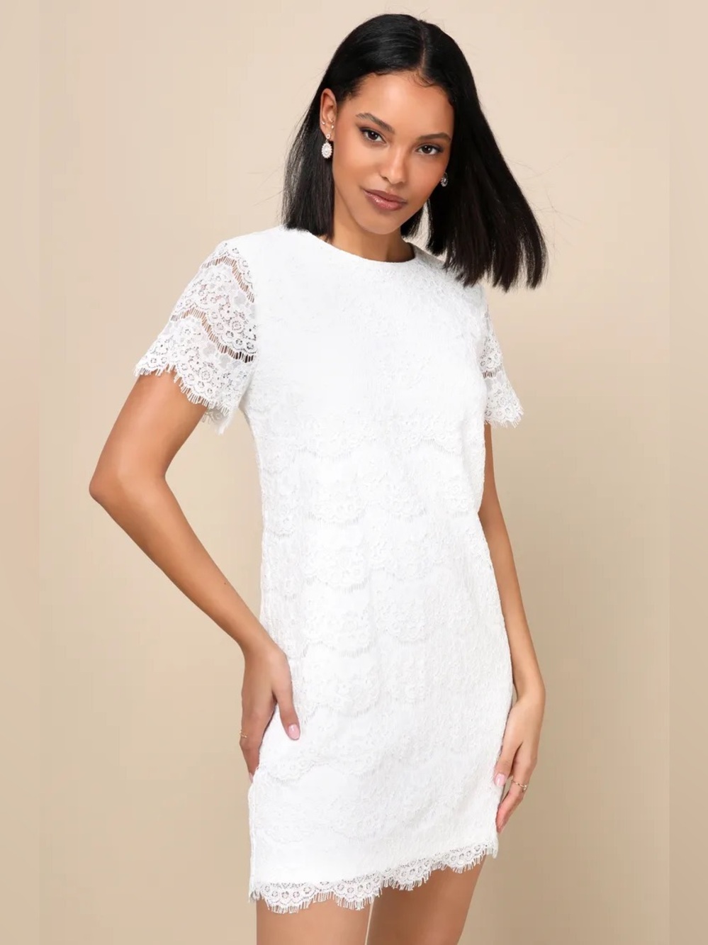 Lulus Take Me to Brunch Ivory Eyelash Lace Cocktail Shift Dress Size L NWT
